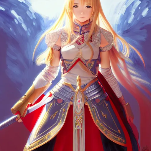 Image similar to Asuna Yuuki, Portrait of a girl with blonde hair wearing a partial paladin armor with a red skirt and white top, face, fantasy, intricate, elegant, highly detailed, digital painting, artstation, concept art, smooth, sharp focus, illustration, art by Fernanda Suarez and Artem Demura and alphonse mucha