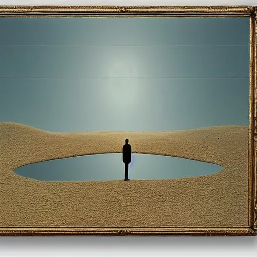 Image similar to floating baroque mirror with faceless man in the reflection. mirror floating above the big an empty desert by zdzislaw beksinski, color