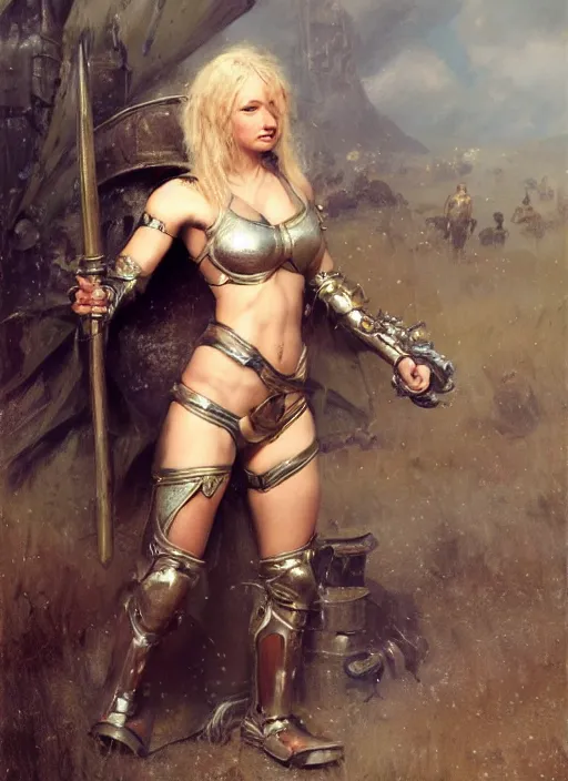 Image similar to short blonde muscular woman wearing medieval armour, detailed by gaston bussiere, bayard wu, greg rutkowski, giger, maxim verehin, greg rutkowski, masterpiece, sharp focus, cinematic lightning