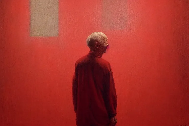 Image similar to only with red, a red old man try to sell a portrait, cheering crowd, in the style of beksinski, parts by edward hopper, parts by rodcenko, parts by yue minjun, intricate and epic composition, red by caravaggio, insanely quality, highly detailed, masterpiece, red light, artstation, 4 k