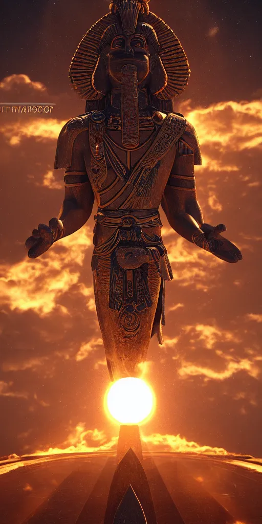 Image similar to the god horus invoking the energies of the sun, thelema, atmospheric, wide perspective, dramatic lights, micro details, grand composition, cinematic look, detailed, humidity, dust particles, photo real, ultra detailed, 8 k render, hyperrealistic octane render trending on artstation