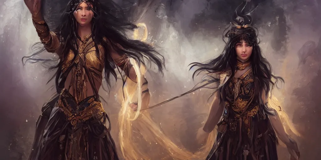 Image similar to a young beautiful priestess with long black hair weavering golden string of magic, barroque painting, ultra realistic. cinematic, dynamic. magic the gathering style. epic fantasy, insanely detailed, 4k, rpg character reference. gourgeous.