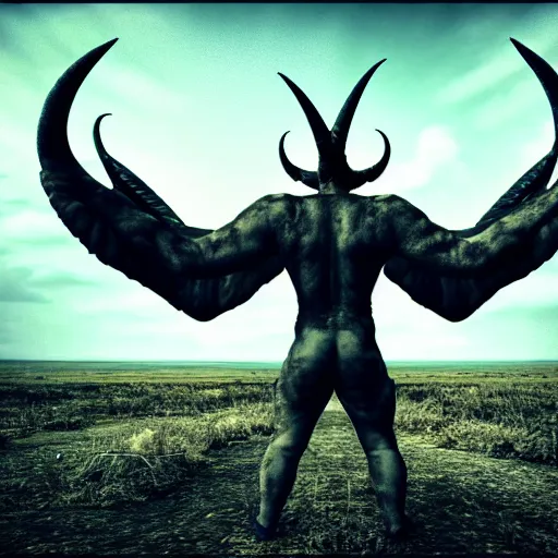 Image similar to Photo taken in the 2000's of a demon with four horns and four wings, photorealistic, film still, desolate, terrifying, weird, strange, odd, uncanny, hyper realism, highly detailed, photorealism, smooth gradients, high contrast, photorealistic