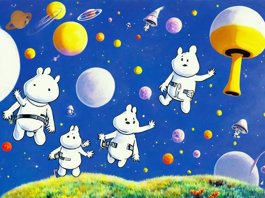 Prompt: moomins in space suits flying around with jetpacks discovering the mushroom planet, photorealistic painting, cgi