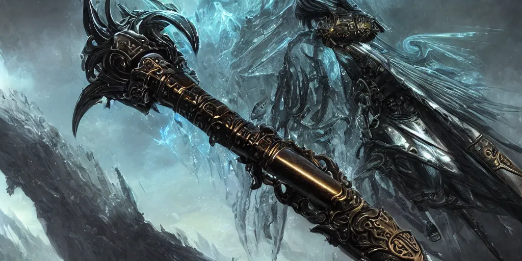 Image similar to legendary cybernetic full long sharp sword lying flat on a glowing table with a black and iridescent sword blade, digital award winning hd matte painting, intimate dark moody, intricate, ornate spikes, colorful hilt, detailed realistic, raytraced blade, colored gems, future golden technological pommel, in the style of greg rutkowski and krenz cushart, deviantart
