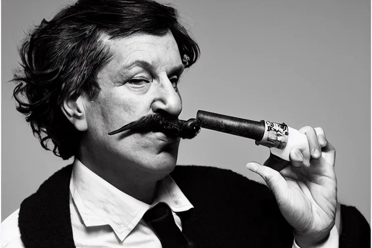 Image similar to mario testino photography, a male portrait, black hair, moustache, smoking a pipe