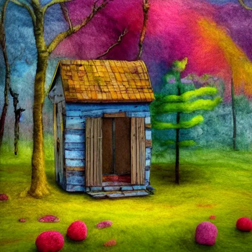 Prompt: small wooden house in the middle of spring forest, bright colours, watercolor, volumetric wool felting, macro photography, children illustration, by michael hutter