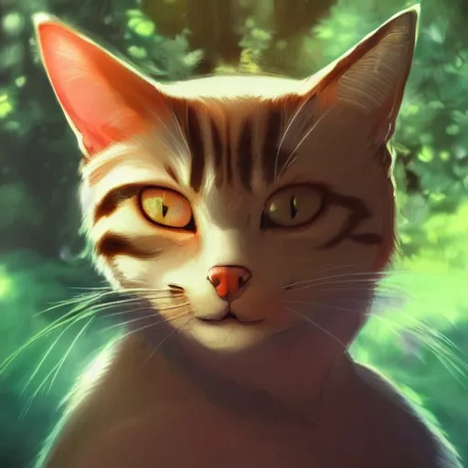 Image similar to a portrait of a cat in the forest, trending on artstation, trending on furaffinity, digital art, by kawacy, anime, furry art, warm light, backlighting, cartoon, concept art