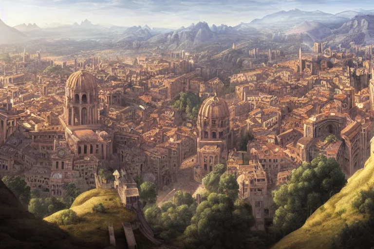 Image similar to an ultra detailed matte landscape painting of an italian renaissance capital city built on top of a large hill with many tall spirally towers, sweeping vista, italian renaissance architecture, ultrawide lens, aerial photography, 8 k, volumetric lighting, smooth, highly detailed, digital illustration, art by greg rutkowski and akira toriyama and artgerm