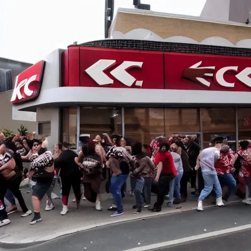 Image similar to a horde of obese zombies trying to get into a barricaded KFC.