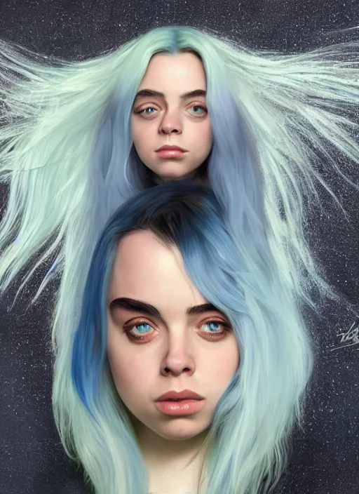 Prompt: billie eilish as a pixar character, portrait, high quality, 8 k, soft lighting, realistic face, path traced, by frank frazetta, simon bisley, brom