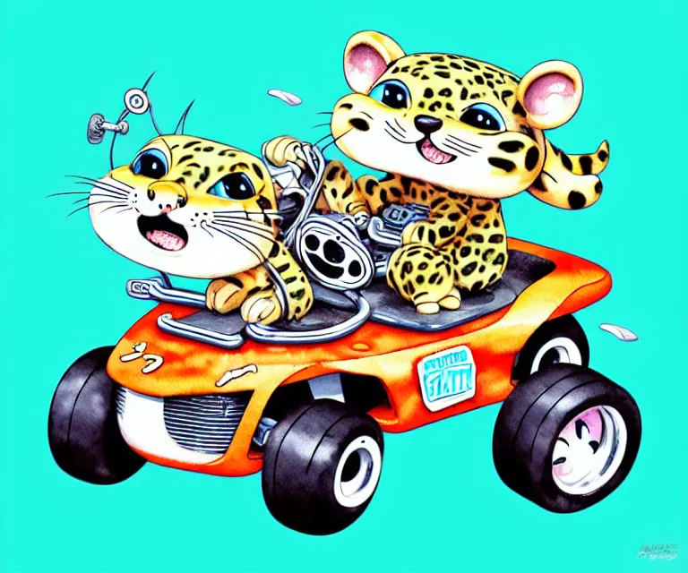 Image similar to cute and funny, baby leopard riding in a tiny go kart with oversized engine, ratfink style by ed roth, centered award winning watercolor pen illustration, isometric illustration by chihiro iwasaki, edited by range murata, tiny details by artgerm and watercolor girl, symmetrically isometrically centered