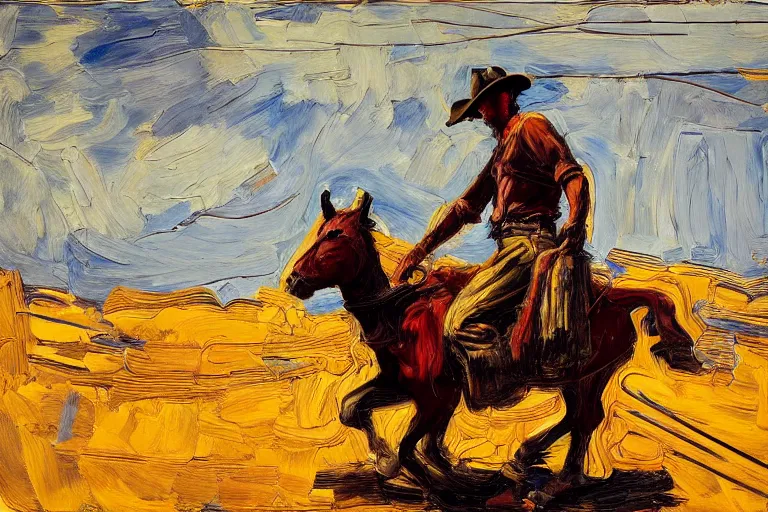 Prompt: an extremely detailed full body masterpiece painting of a cowboy gunslinger from a low angle sitting on his horse, in the style of frank auerbach, epic scene, tensive mood and action, muted colors