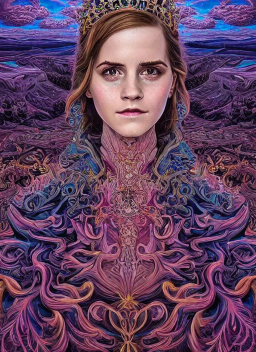 Prompt: beautiful oil painting, full length portrait of Emma Watson in baroque coronation robes 1701, Dan Mumford, Dan Mumford, Alex grey, highly detailed , lsd visuals, dmt fractal patterns, hallucinogen, visionary art, psychedelic art, ornate, vaporwave, baroque, Greg rutkowski