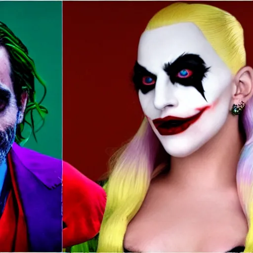 Prompt: lady gaga as harley queen and joaquin phoenix as joker