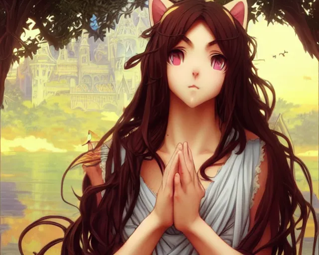 Image similar to photography of jesus christ being a cute anime cat girl, deep focus, d & d, fantasy, intricate, elegant, highly detailed, simple background, digital painting, artstation, concept art, matte, sharp focus, illustration, hearthstone, art by artgerm and greg rutkowski and alphonse mucha