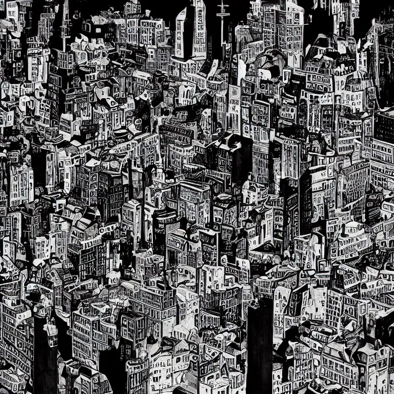 Image similar to a city literally built on rock and roll, trippy black and white comic art