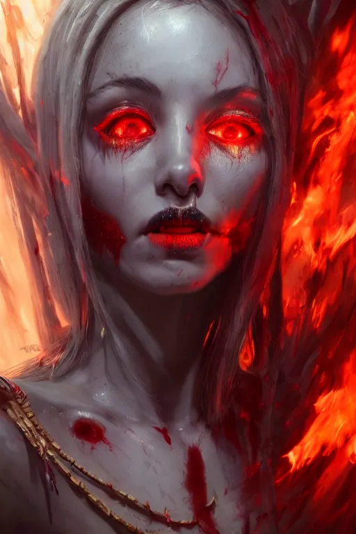 Image similar to face closeup of beautiful girl necromancer, witch - doctor covered in blood, fallen angel, diablo, 3 d render, hyper - realistic detailed portrait, holding fire and electricity, ruan jia, wlop. scifi, fantasy, magic the gathering, hyper detailed, octane render, concept art, peter mohrbacher