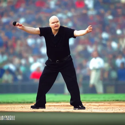 Prompt: billy corgan as an umpire catching a ball, extremely detailed face, high quality photo, real photo, real camera, professional lighting, 8 k