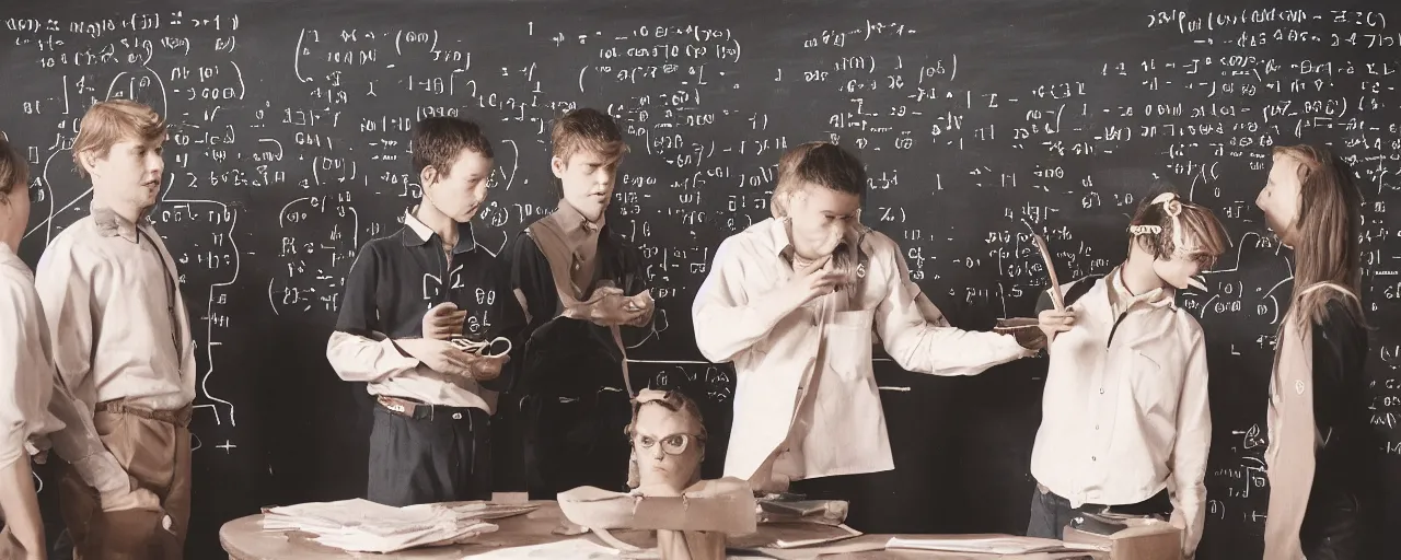 Prompt: mathematicians standing around a chalkboard with spaghetti, attempting to solve an algorithm, based on spaghetti, detailed facial expression, canon 5 0 mm, cinematic lighting, photography, retro, film, kodachrome