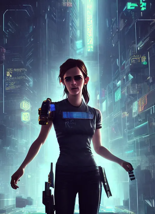 Image similar to portrait of Emma Watson in a Cyberpunk 2077 loading screen, looking at camera, intricate, dystopian, sci-fi, extremely detailed, digital painting, artstation, concept art, smooth, sharp focus, illustration, intimidating lighting, incredible art by artgerm and greg rutkowski and alphonse mucha and simon stalenhag
