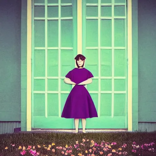 Image similar to giant flower head, full body, girl standing by 1 9 6 0 house, surreal photography, symmetry, mid century, flat light, bright colours, blue sky, realistic, wes anderson