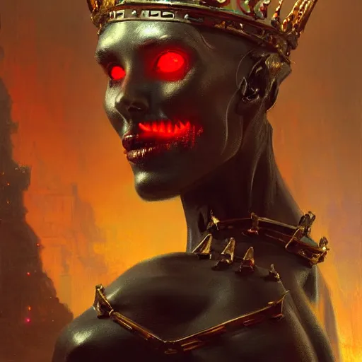 Prompt: attractive i robot demon queen with crown and red eyes, painting by gaston bussiere, craig mullins, luis rollo, close - up portrait, digital painting, highly detailed, artstation, sharp focus, illustration, concept art, hd