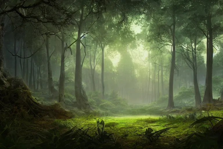 Image similar to a clearing in the forest, sharp focus, matte painting, illustration, concept art, ancient city covered in foliage