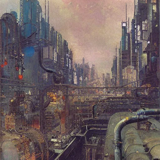 Image similar to cyberpunk network of pipes, by Ilya Repin