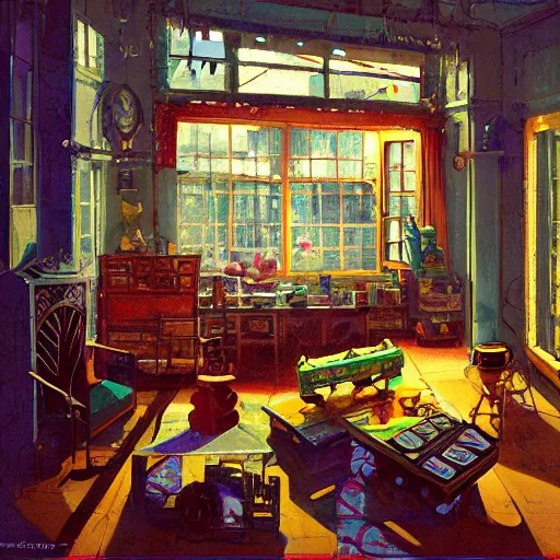 Prompt: an old dusty Victorian era toymaker's shop interior lit by a large window in the style of Craig mullins and colorful + a large toy rocket sits on the floor, center in room.