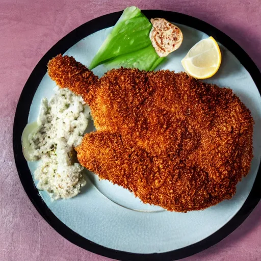 Image similar to standing breaded chicken with a crown of a king in top of it, hyper realistic, 4k