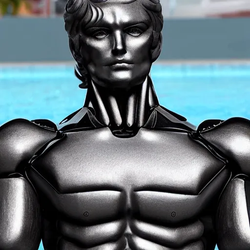 Image similar to twitch streamer / gamer ludwig, ice statue, blank stare, a realistic detailed photo of a guy who is an attractive humanoid who is half robot and half humanoid, by the pool, posing like a statue, showing off his muscles, made of ice, shiny skin, on display, who is a male android, humanoid robot