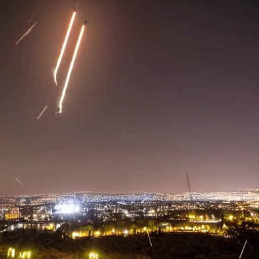 Prompt: Israel's Iron Dome intercepting rockets, night time, award winning photography, HQ, 8K