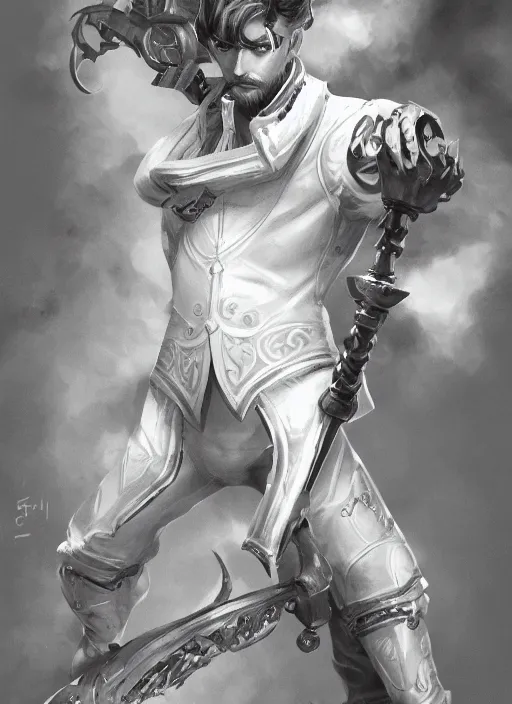 Image similar to a highly detailed illustration of short ginger haired man wearing white suit, dramatic holding ornate mechanical cane pose, intricate, elegant, highly detailed, centered, digital painting, artstation, concept art, smooth, sharp focus, league of legends concept art, WLOP