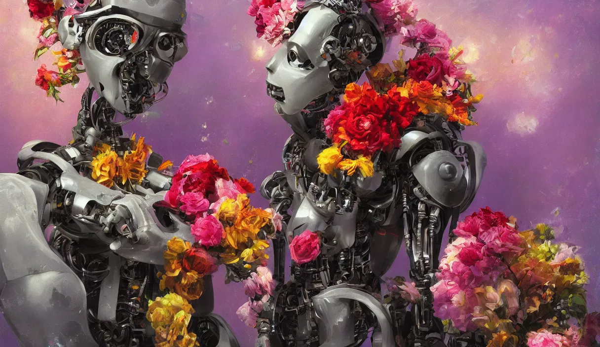 Image similar to A robot with flowers painting a beautiful artwork of himself, oil painting, digital art trending on artstation