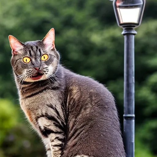 Prompt: Wow, the tongue of this cat is really stuck to the lamp post! poor thing