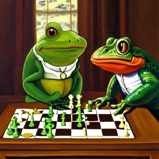 Prompt: mr toad and mr frog drinking wine and playing chess. Painting of toad and frog wearing sweaters by James Gurney.