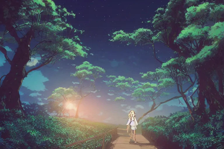 Image similar to anime woman walking, tropical island, night time, wide angle, by studio ghibli, yuumei, anime, hazy, foggy, ambient lighting, cottagecore,