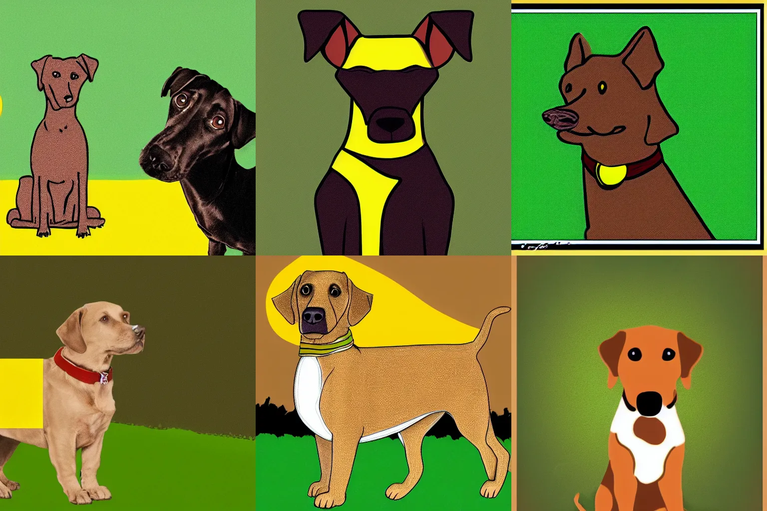 Prompt: a light brown dog stands in front of a green an yellow flag | pop art | stylized | HD