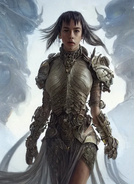 Image similar to a professional portrait of a beautiful young female, clothed in ethereal battle armor, olive skin, long dark hair, beautiful bone structure, symmetrical facial features, intricate, elegant, digital painting, concept art, smooth, sharp focus, finely detailed, illustration, from Valerian and the City of a Thousand Planets, in the style of Ruan Jia and Mandy Jurgens and Artgerm and Greg Rutkowski and William-Adolphe Bouguerea