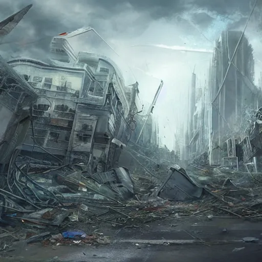 Image similar to damaged city, high - tech, concept art, forest, tornado, war