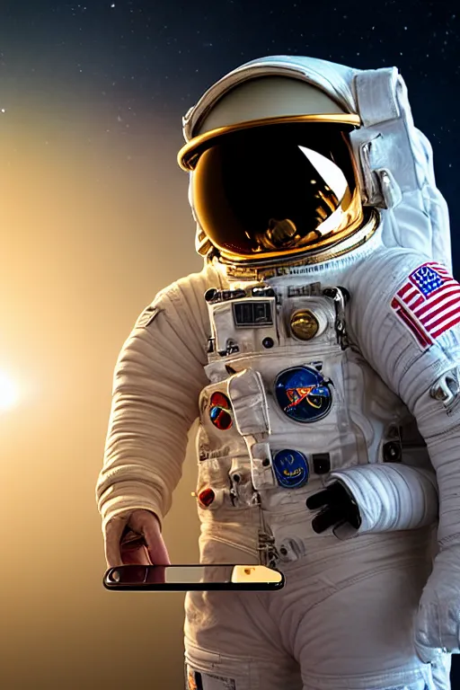 Image similar to extremely detailed studio portrait of space astronaut, holds a smart phone in one hand, phone!! held up to visor, reflection of phone in visor, moon, extreme close shot, soft light, golden glow, award winning photo by eolo perfido
