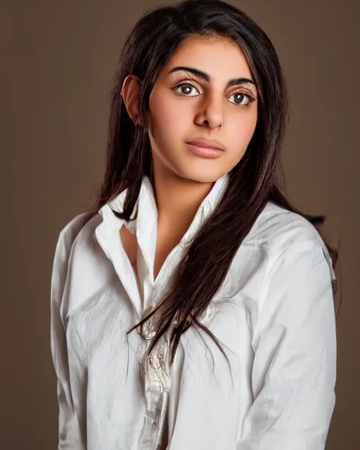 Prompt: a highly realistic, true to life portrait of a beautiful young middle eastern girl, with a symmetrical face, sharp focus, from the waist up, with sharp features, a beautiful face, soft smile, under studio lighting, taken with a canon eos camera with 1 3 5 mm focal length
