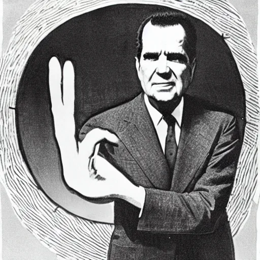 Image similar to Richard Nixon holding aloft a car tire, in the style of William Blake