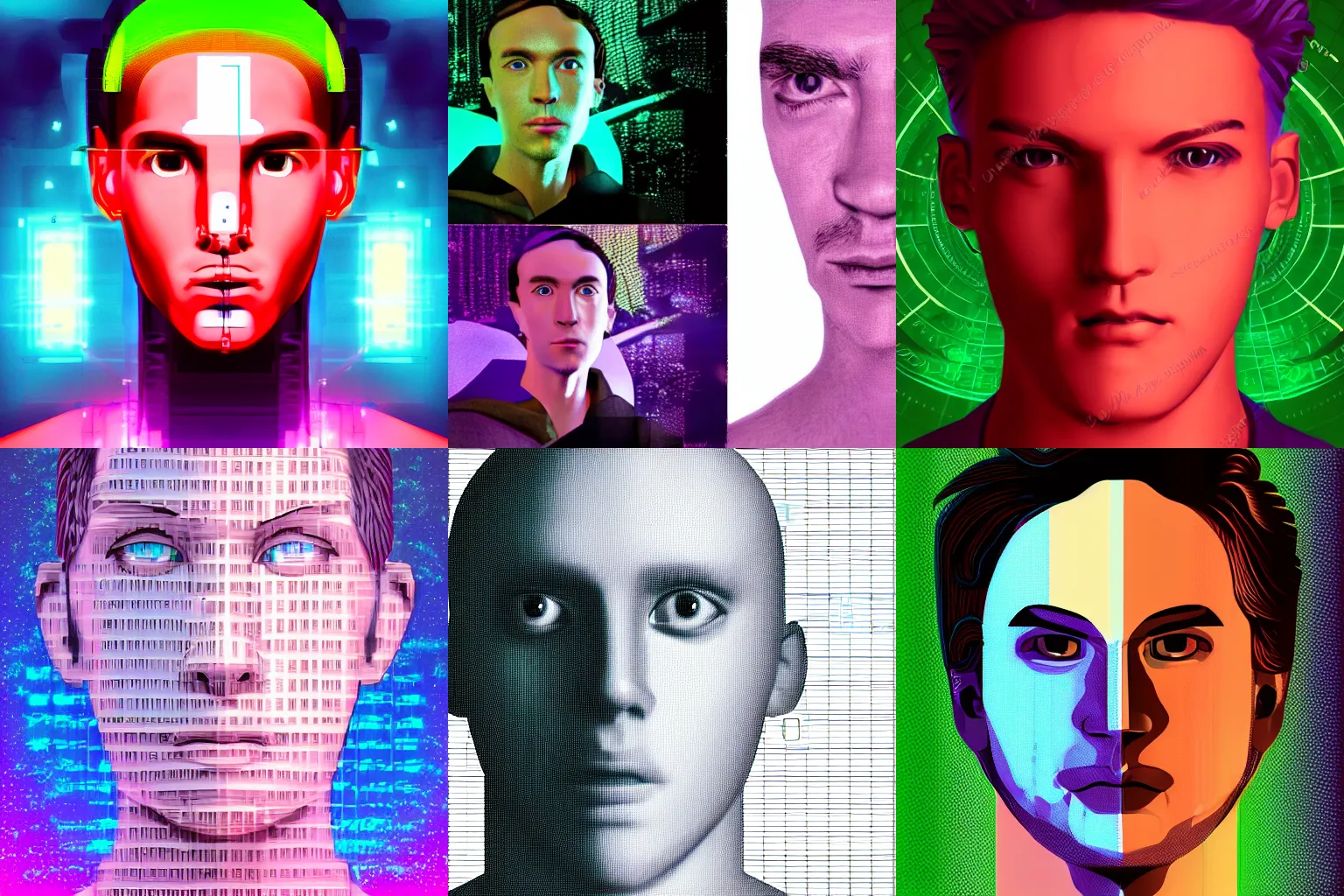 Prompt: portrait of AI. sci fi. Vaporwave. Male face. Sentient digital human.