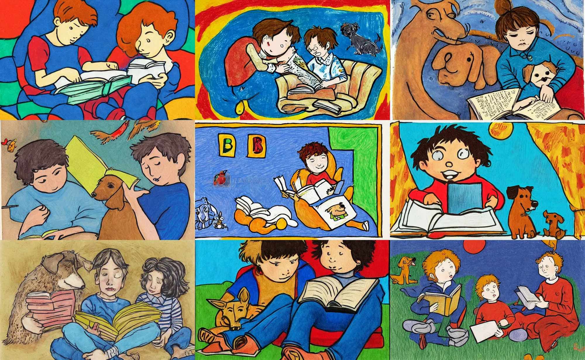 Prompt: children illustration of boy with dog reading a book. beatrice blue, julia sarda, loish, tim burton. classic. retro. guache. crayons. traditional. flat. intricate.