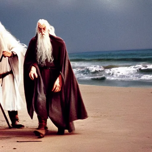 Image similar to Gandalf and Saruman frolicking on a beach, cinematic color