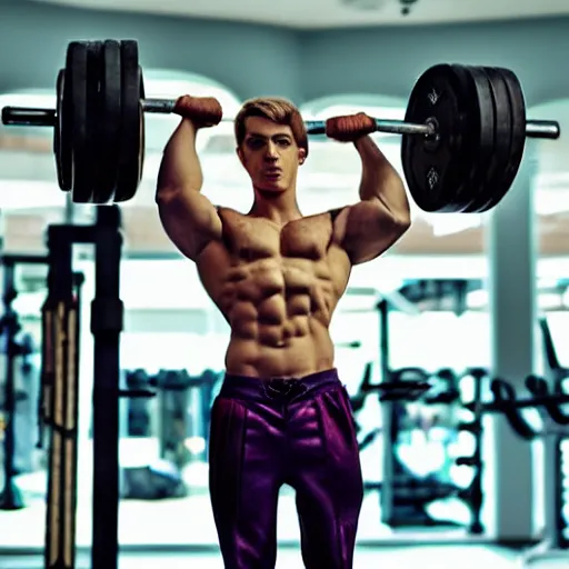 Image similar to male elf at the gym, lifting weights. ethereal beauty contrasting hard metal equipment. fantasy athlete. weight training. elven elfish elf ears elf beauty pretty boy symmetrical face good looking handsome fair fine.