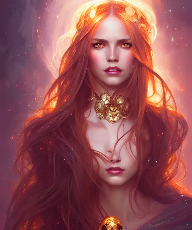 Image similar to fantasy magic woman portrait, sci-fi, amber eyes, face, long hair, fantasy, intricate, elegant, highly detailed, digital painting, artstation, concept art, smooth, sharp focus, illustration, art by artgerm and greg rutkowski and alphonse mucha