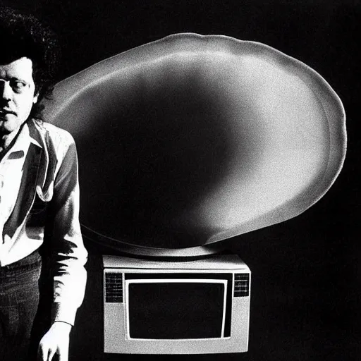 Image similar to man with a crt television for a head, 1970 photograph, otherworldly, liminal, eraserhead